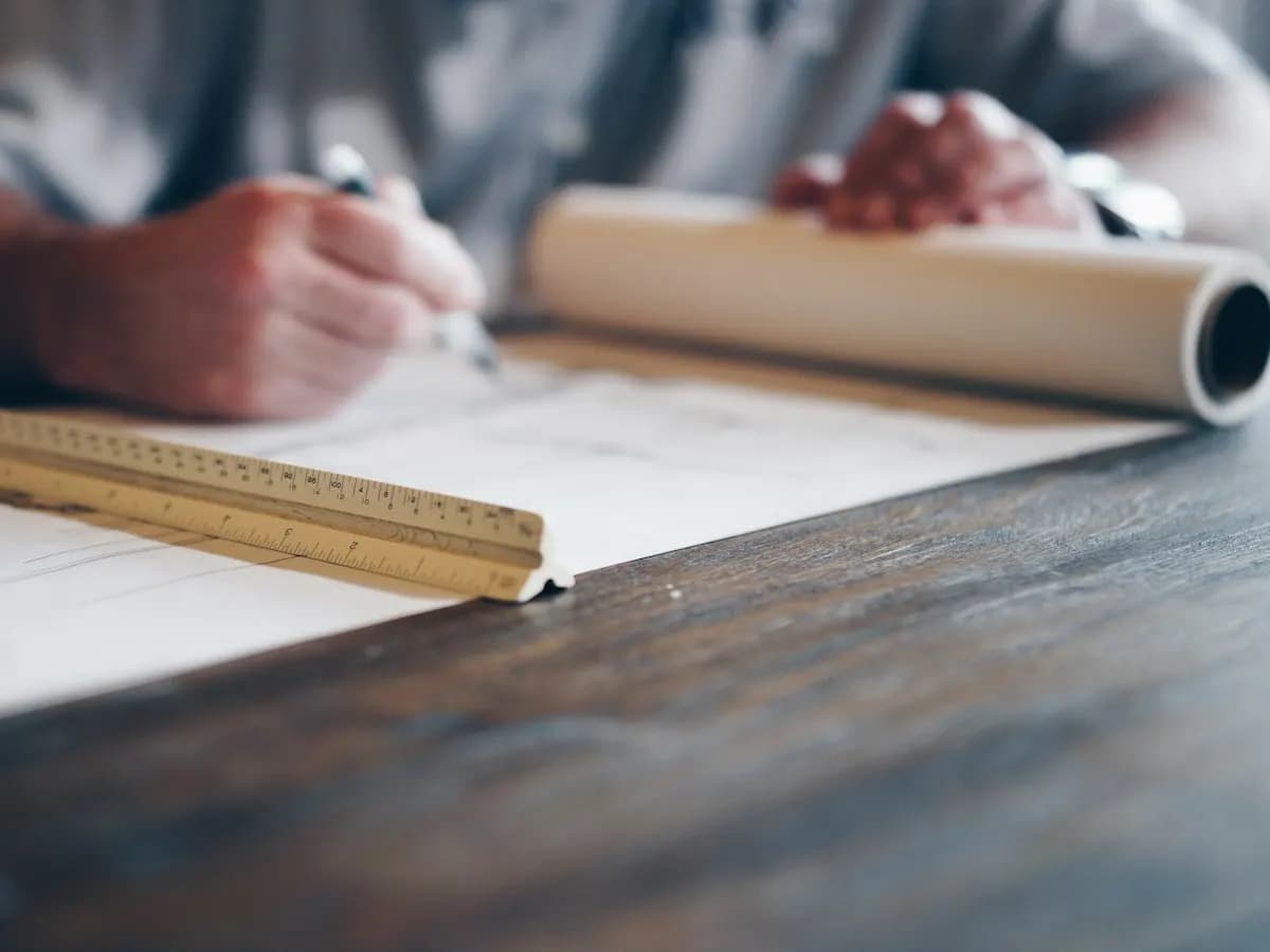 Engineer drafting a system layout on paper with a scale ruler