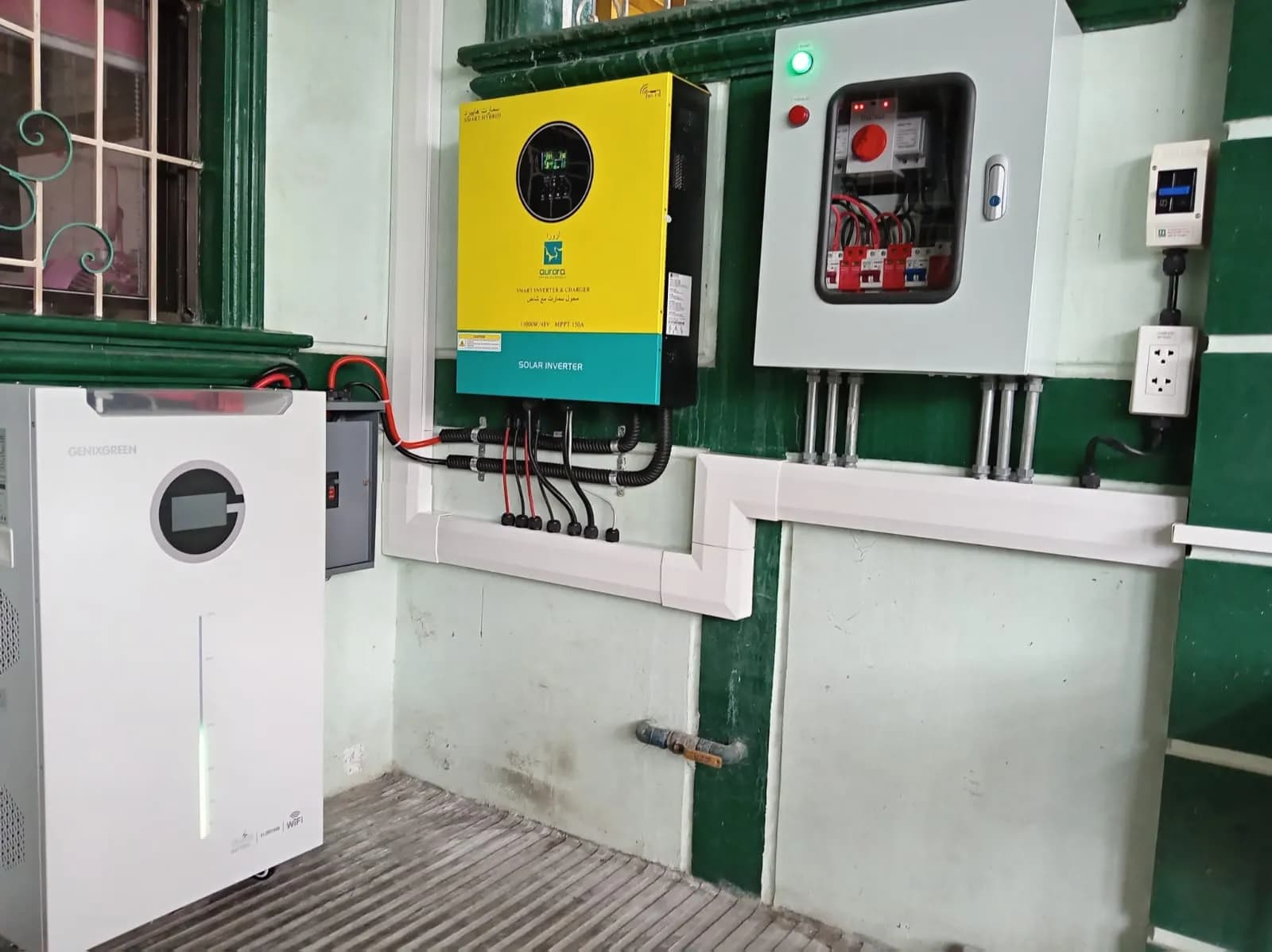 Hybrid inverter and protection box with battery storage in a home