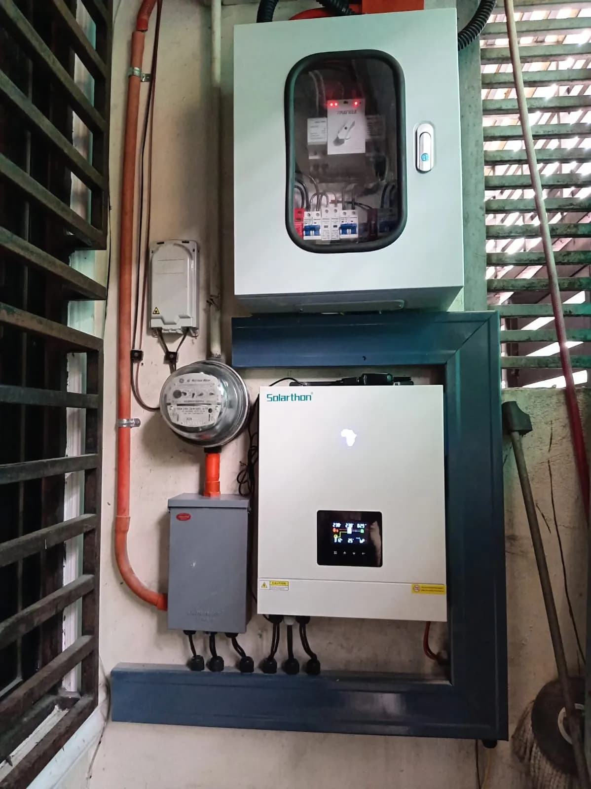 On-grid inverter wired to the protection box and electric meter